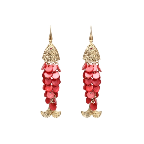 Fish Drop Earrings Red Shell Sequin Overlapping Scale Gold Hammered Alloy Animal Dangle Retro Western Style Women Jewelry
