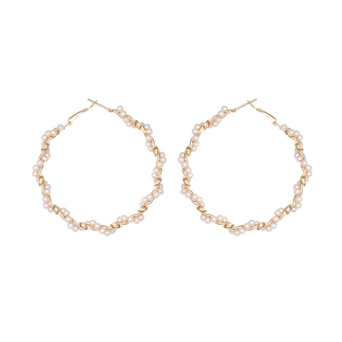 Alloy Twisted Hoop Earrings With White Faux Artificial Pearls Vintage Geometric Gold Circular Style For Women