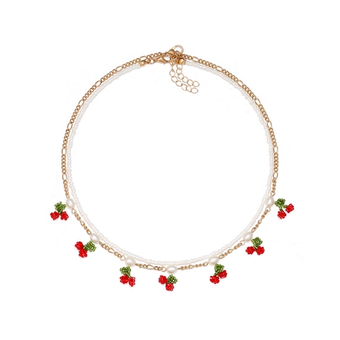 Collier Double Rang Alliage Plaqué Or Avec Künstliche Perles D'imitation Pendentif Cerise Fraise Tissé Rouge Style Fruit Doux Femmes