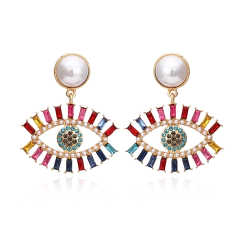 Evil Eye Drop Earrings With Multicolor Rhinestone And Imitation Artificial Pearl Vintage Creative Bohemian Style For Women