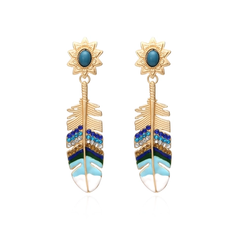 Pendientes Largos Pluma Bohemios Aleación Rhinestone Esmalte Estilo Étnico Exagerado Para Mujeres Joyería