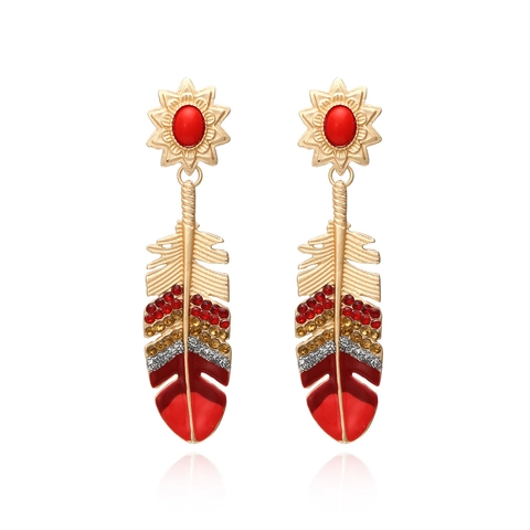 Bohemian Feather Drop Earrings Alloy Rhinestone Enamel Dangle Long Exaggerated Ethnic Style For Women Jewelry
