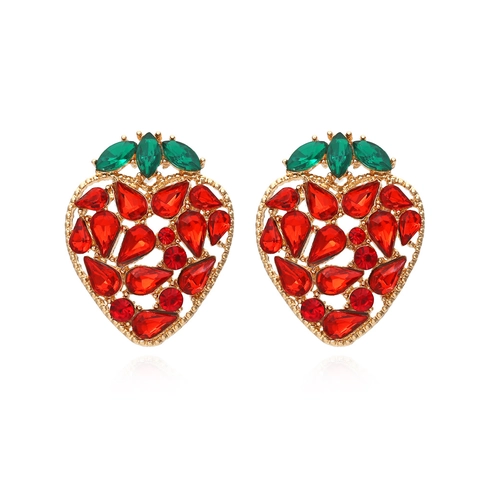 Strawberry Shape Stud Earrings Sparkly Red Green Rhinestone Inlaid Alloy Metal Fashion Jewelry For Women Sweet Personality