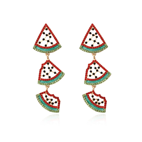 Watermelon Drop Earrings Alloy Multi-Color Rhinestone Enamel Triple Tier Summer Dangle Jewelry For Women