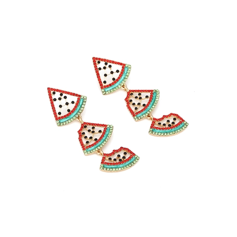 Watermelon Drop Earrings Alloy Multi-Color Rhinestone Enamel Triple Tier Summer Dangle Jewelry For Women