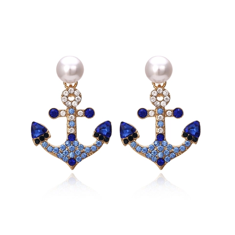 Orecchini Pendenti Ad Ancora Lega Placcata Oro Con Strass Blu Bianchi E Perla Artificial Stile Nautico Vintage Per Donne