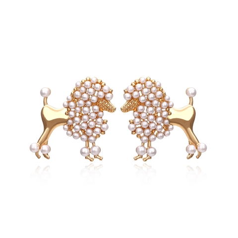 Poodle Stud Earrings Gold Plated Alloy White Faux Artificial Pearl Pavé Chic Animal Design For Women Fashion Accessory