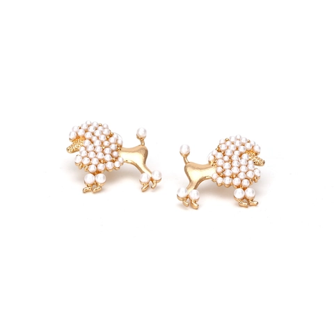 Poodle Stud Earrings Gold Plated Alloy White Faux Artificial Pearl Pavé Chic Animal Design For Women Fashion Accessory