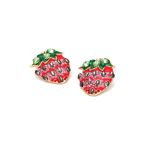 Boucles d'Oreilles Clous en Alliage Émail Fraise Avec Strass Rouges Verts Mignon Fruit Boucles d'Oreilles pour Femme Bijoux