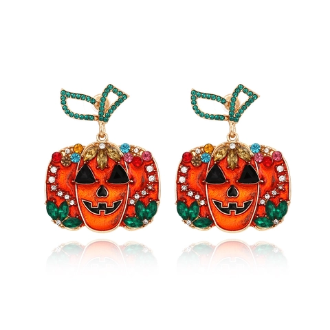 Halloween Pumpkin Drop Earrings Colorful Rhinestone Enamel Skeleton Ghost Face Jack-O-Lantern Vintage Festive Party Jewelry Women