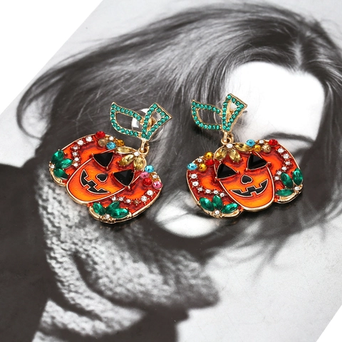 Halloween Pumpkin Drop Earrings Colorful Rhinestone Enamel Skeleton Ghost Face Jack-O-Lantern Vintage Festive Party Jewelry Women