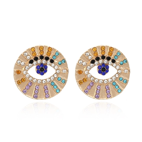 Zinklegierung Bunte Strass Evil Eye Runde Stecker Ohrringe Vintage Geometrische Böhmischen Stil Für Damen