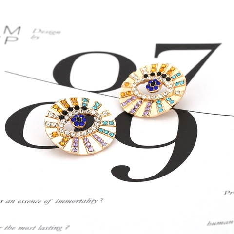 Zinklegierung Bunte Strass Evil Eye Runde Stecker Ohrringe Vintage Geometrische Böhmischen Stil Für Damen