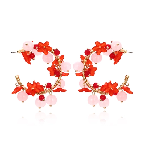 Hand Woven Flower Hoop Earrings Alloy Resin Floral Crystal Bead C Shaped Colorful Fashion Jewelry For Women