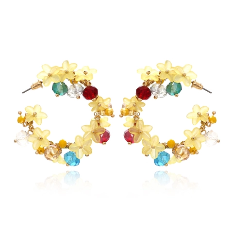 Hand Woven Flower Hoop Earrings Alloy Resin Floral Crystal Bead C Shaped Colorful Fashion Jewelry For Women