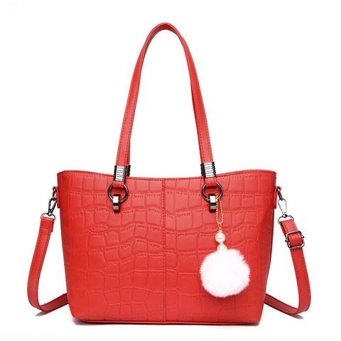 Vrouwen Krokodillenpatroon PU Leer Grote Capaciteit Tote Schoudertas En Clutch En Tas Met Pluche Bal