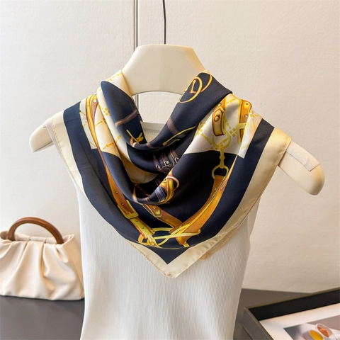 Elegante Foulard Quadrato Da Donna Poliestere Raso Imitazione Raso Equestre Catena Morso Stampa Foulard Testa Collo Vintage