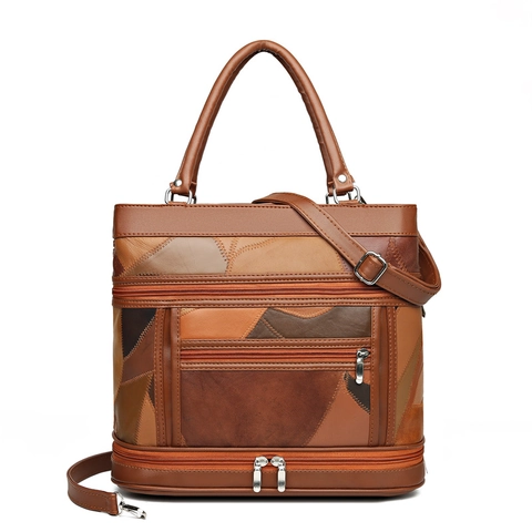 Sac À Main Vintage En Patchwork Grande Capacité Cuir PU Sac À Épaule Multi Poches Rétro Décontracté Femmes Bandoulière