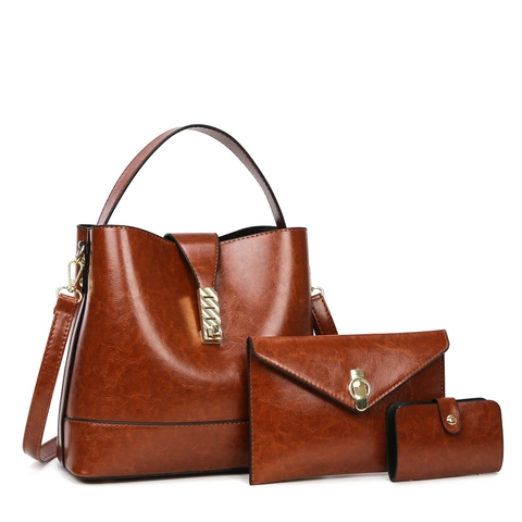 Élégant Ensemble de Sacs à Main Seau en Cuir PU Rétro Couleur Unie Sac à Bandoulière Femme Fourre-tout de Banlieue Versatile