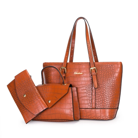 Large Capacity Crocodile Pattern Multi-Piece Tote Bag Set For Women Vintage Leather Embossed Shoulder Bag Handbag With Wallet