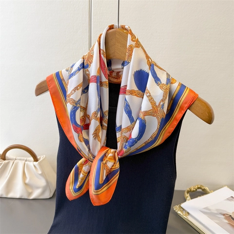 Vintage Chain Print Square Scarf Polyester Satin Neck Headscarf Versatile Elegant Fashion Accessories For Women