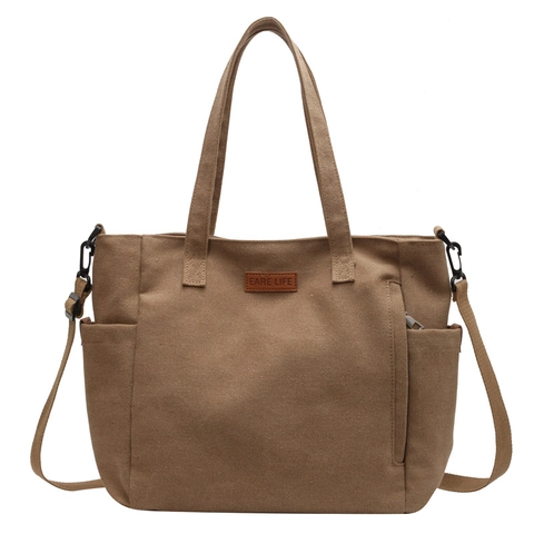 Sac Cabas En Toile Grande Capacité Sac À Main Simple Bandoulière Réglable Poches Latérales Style Décontracté Femmes