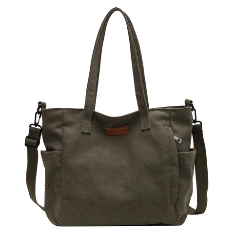 Sac Cabas En Toile Grande Capacité Sac À Main Simple Bandoulière Réglable Poches Latérales Style Décontracté Femmes