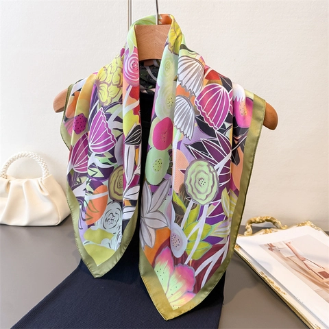 Women Square Scarf Faux Satin Polyester Floral Print Bohemian French Retro Neck Head Scarf Accessory