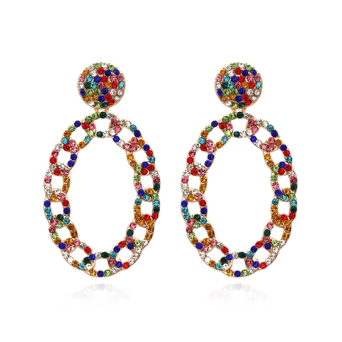 Large Oval Hoop Earrings Gold Plated Alloy Multicolor Rhinestone Paved Vintage Chain Style Dangle Jewelry For Women