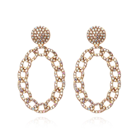 Large Oval Hoop Earrings Gold Plated Alloy Multicolor Rhinestone Paved Vintage Chain Style Dangle Jewelry For Women