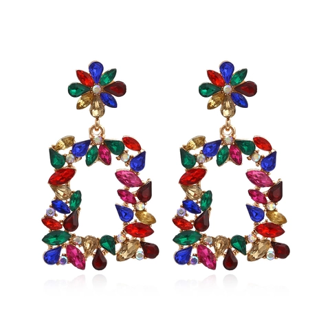 Vintage Alloy Rhinestone Floral Geometric Drop Earrings For Women Luxury Hollow Rectangle Dangle Earrings Banquet Party Jewelry Gift