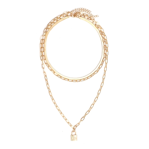 Collar Multicapa Aleación Dorada Colgante Candado Estrella Brillante Cadena Serpiente Eslabones Joyería Moda Mujer