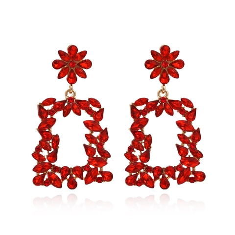 Vintage Alloy Rhinestone Floral Geometric Drop Earrings For Women Luxury Hollow Rectangle Dangle Earrings Banquet Party Jewelry Gift