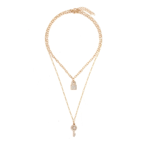 Dubbellaagse Legering Strass Slot En Sleutel Hanger Ketting Vergulde Gelaagde Ketting Vintage Sieraden Voor Vrouwen