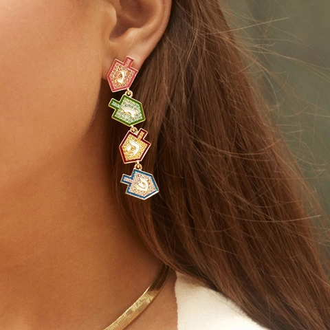 Hanukkah Dreidel Dangle Earrings Alloy Colorful Rhinestone Enamel Long Vertical Drop Festive Vintage Jewelry Women