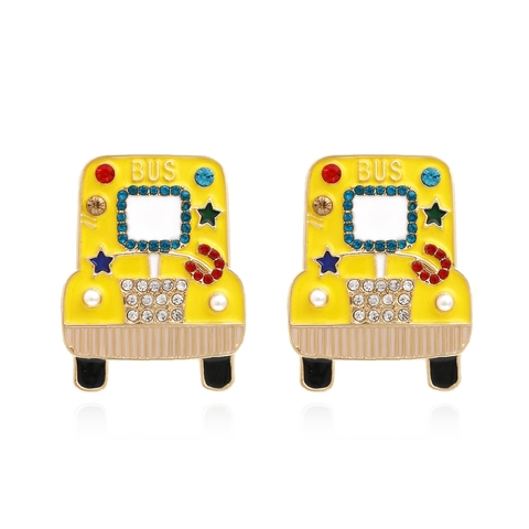 Pendientes De Botón De Autobús Escolar De Dibujos Animados Aleación Esmalte Rhinestone Colorido Perla Artificial De Imitación Joyería Creativa Para Mujeres