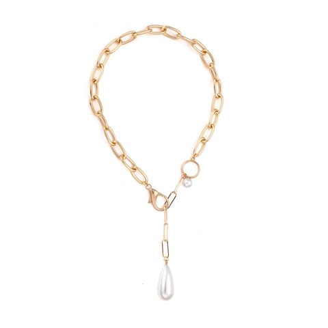 Collar Con Colgante De Perla Barroca Artificial Gota De Agua Cadena De Eslabones Metal Dorado Joyería Hip Hop Retro Para Mujeres
