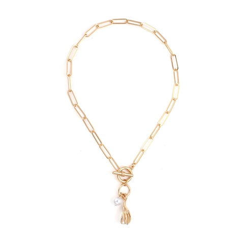 Collar De Cadena De Clip De Aleación Dorada Retro Con Colgante De Mano Y Perla Artificial De Imitación Cierre OT Estilo Vintage Mujer