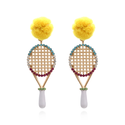 Tennisracket En Bal Hangoorbellen Legering Kleurrijke Strass Pompon Sportieve Sieraden Voor Vrouwen