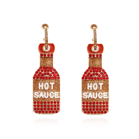 Orecchini Pendenti a Bottiglia di Salsa Piccante per Donna Lega di Zinco Placcato Oro Strass Rosso Smalto Gioielli Creativi