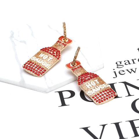 Orecchini Pendenti a Bottiglia di Salsa Piccante per Donna Lega di Zinco Placcato Oro Strass Rosso Smalto Gioielli Creativi