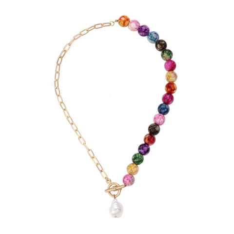 Collar Asimétrico De Cuentas De Mármol Coloridas Con Cadena De Clip Dorada Y Colgante De Perla Barroca Artificial Cierre De T