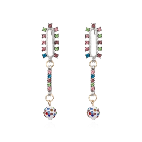 Retro Geometric Long Drop Earrings With Colorful Rhinestones And Faux Artificial Pearl Zinc Alloy Statement Jewelry For Women