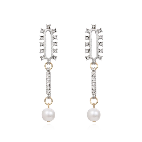 Retro Geometric Long Drop Earrings With Colorful Rhinestones And Faux Artificial Pearl Zinc Alloy Statement Jewelry For Women
