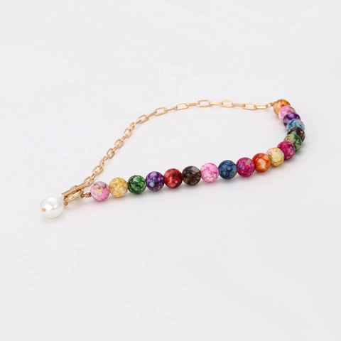 Collar Asimétrico De Cuentas De Mármol Coloridas Con Cadena De Clip Dorada Y Colgante De Perla Barroca Artificial Cierre De T
