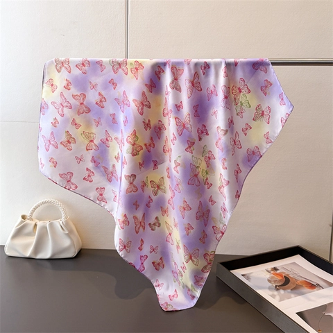 Elegant Butterfly Print Square Scarf Polyester Satin Satiny Neck Tie Headscarf Sun Protection Fashion Accessory For Women