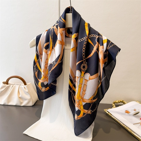 Square Satin Like Satin Scarf Vintage Equestrian Chain Belt Print Elegant Luxury Headwrap Neck Kerchief For Women