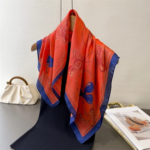 Elegant Square Scarf Satin Like Satin Bandana Polyester Neck Head Wrap Chain Print Bow Pattern Fashion Accessory For Women
