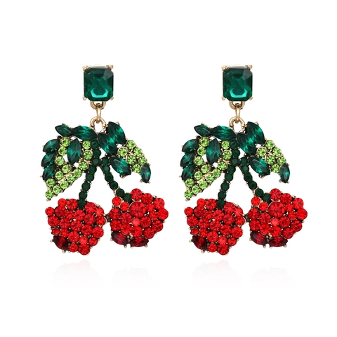 Leuke Kers Hanger Oorbellen Met Twinkelende Rode Groene Steentjes Legering Fruit Drop Oorbellen Vintage Sieraden Dames