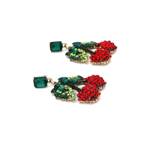 Leuke Kers Hanger Oorbellen Met Twinkelende Rode Groene Steentjes Legering Fruit Drop Oorbellen Vintage Sieraden Dames